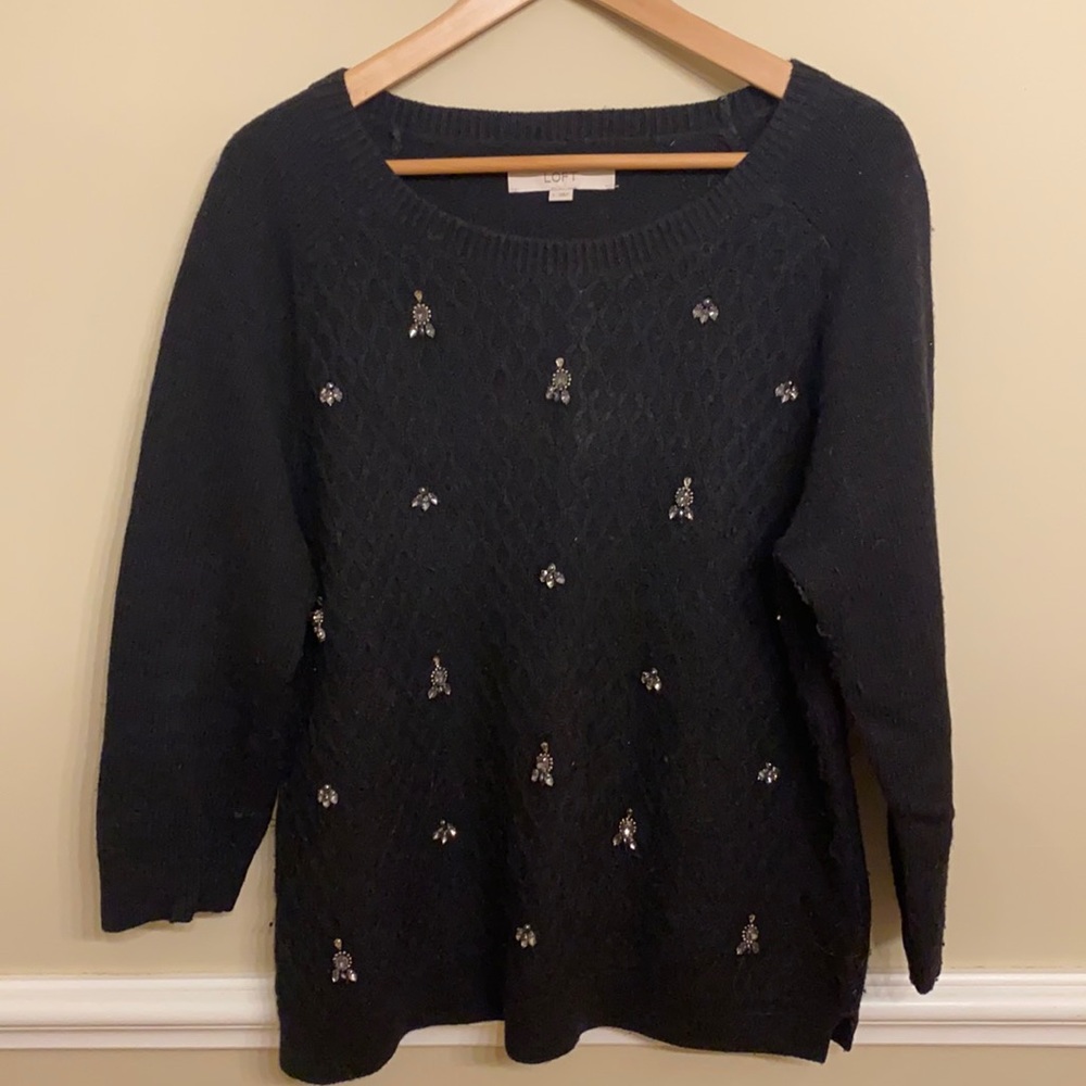 Loft Black Jeweled Crew Sweater - Size L